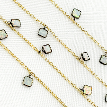Created White Opal Square Shape Dangle Wire Chain