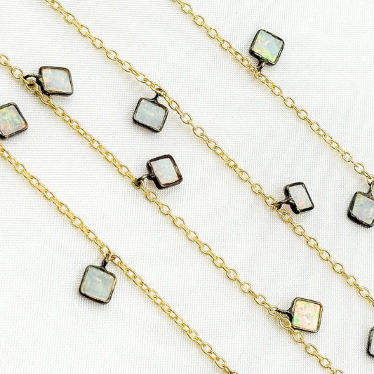 Created White Opal Square Shape Dangle Wire Chain