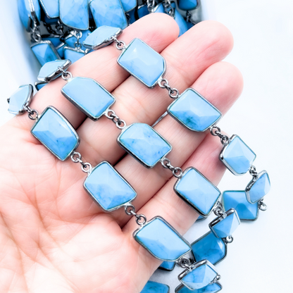 Turquoise Rectangle Shape Bezel Oxidized 925 Sterling Silver Wire Chain.