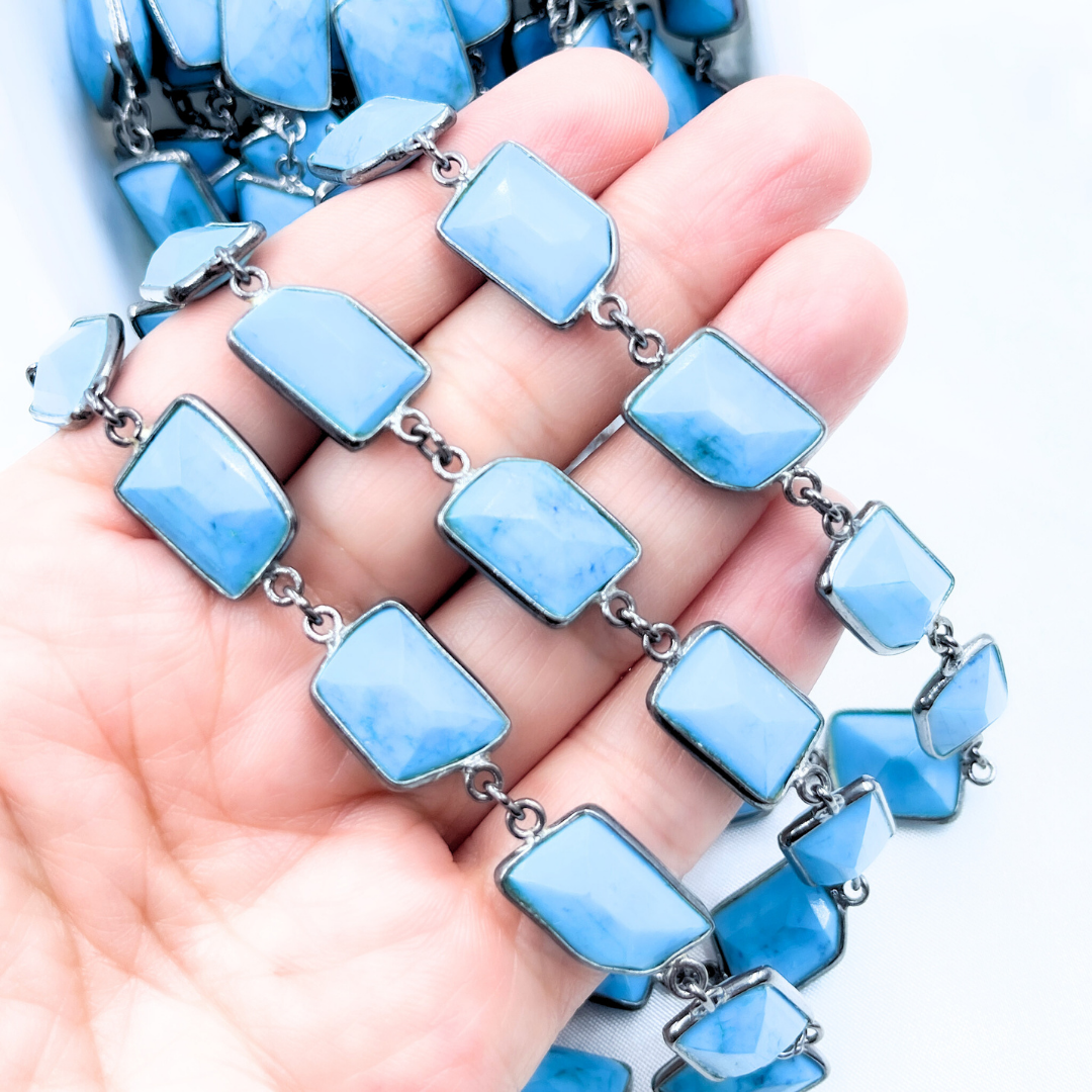 Turquoise Rectangle Shape Bezel Oxidized 925 Sterling Silver Wire Chain. TRQ3