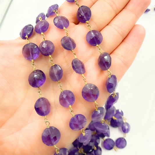 Amethyst Coin Shape Gold Plated Wire Chain