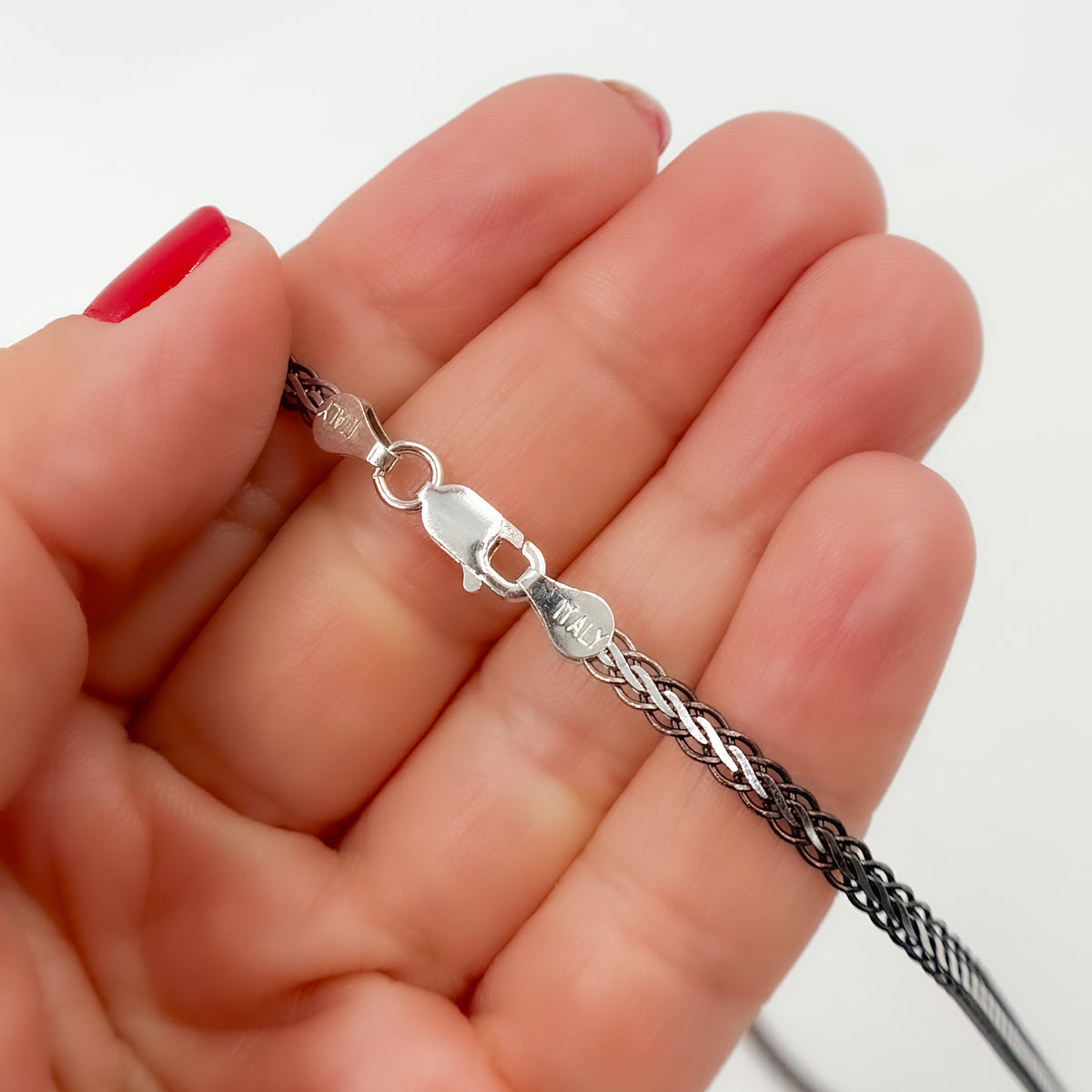 0502213SB. Black Rhodium and White Sterling Silver Flat Wheat Necklace