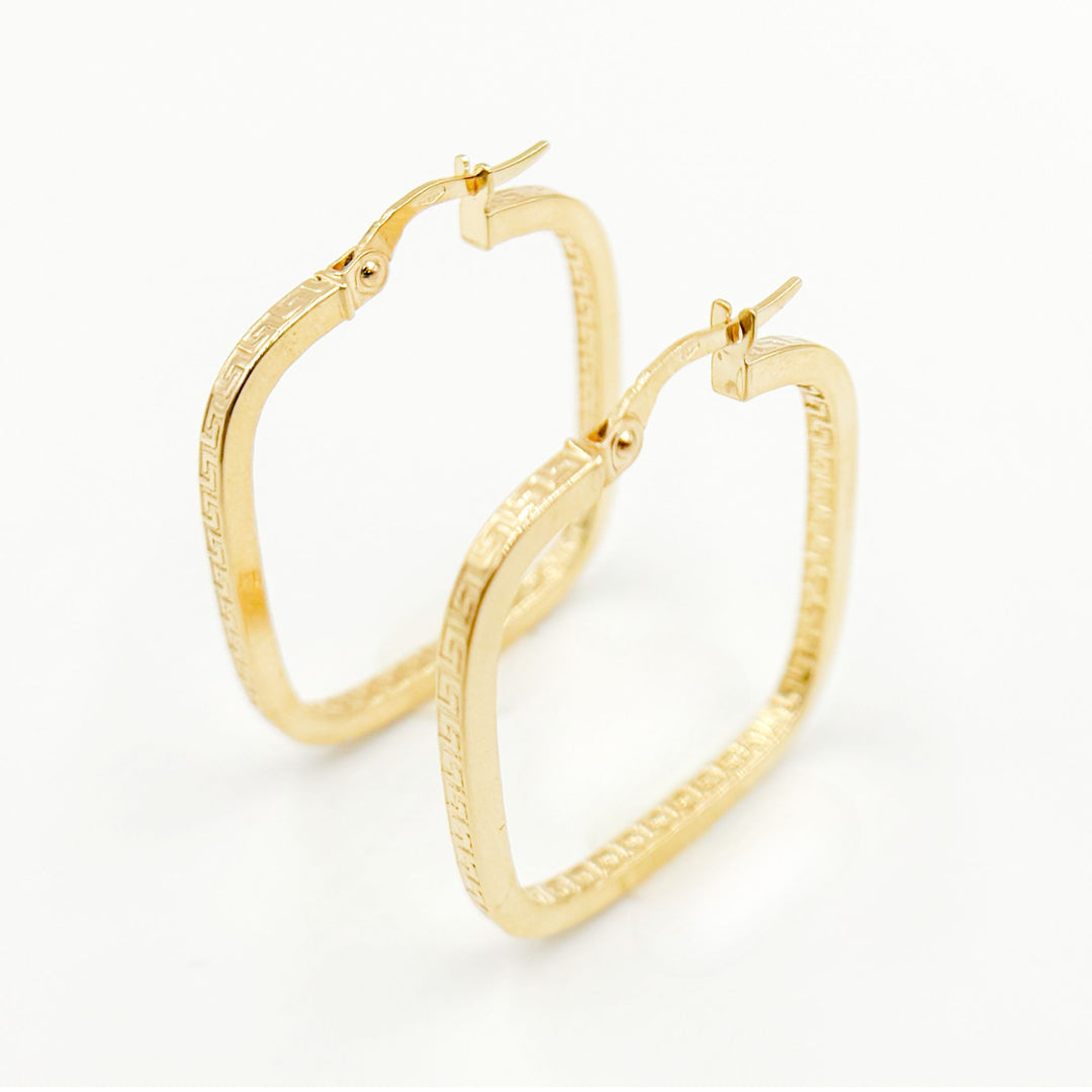 15850000415. 14K Solid Gold Textured Square Hollow Hoop Earrings