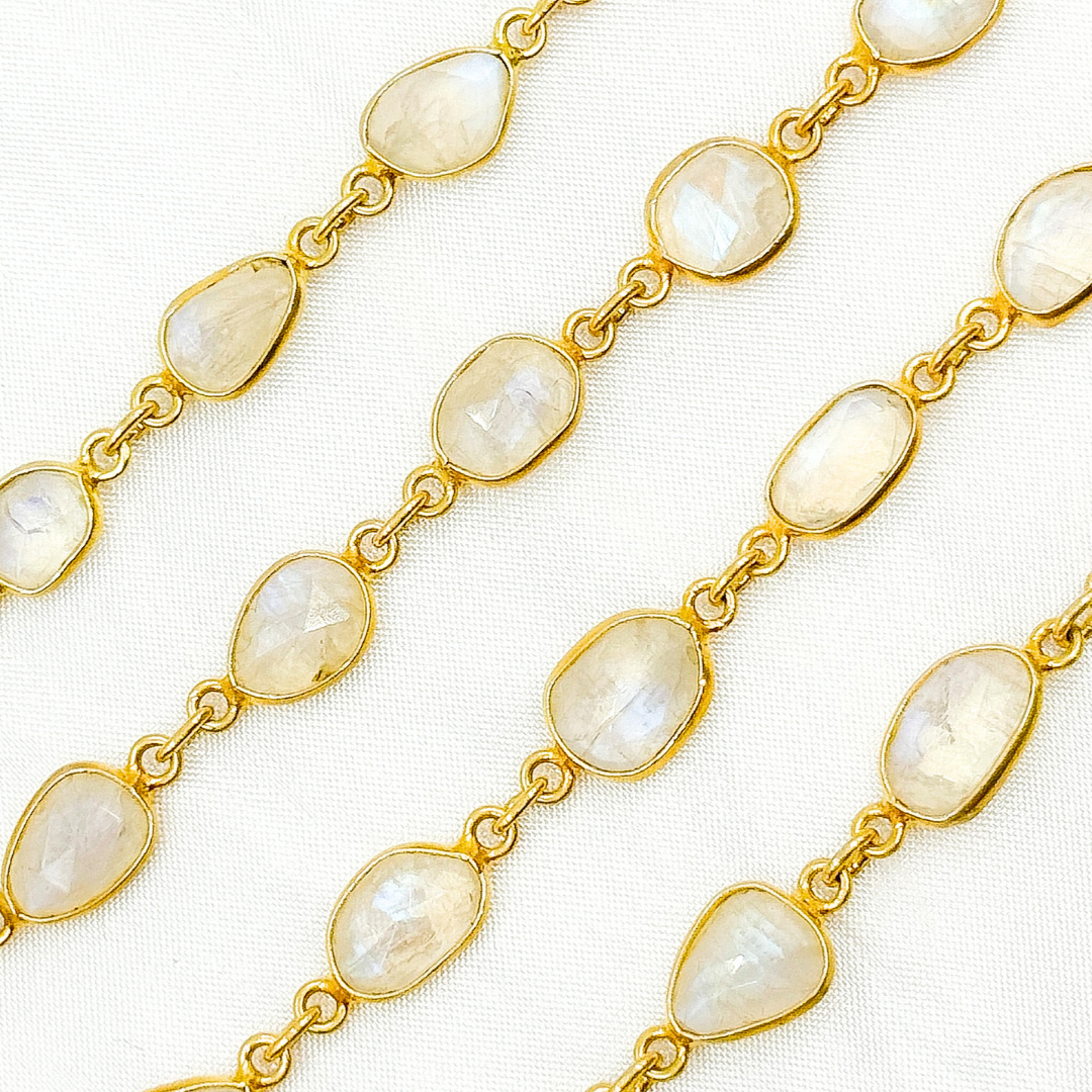 White Moonstone Organic Shape Bezel Gold Plated Wire Chain.