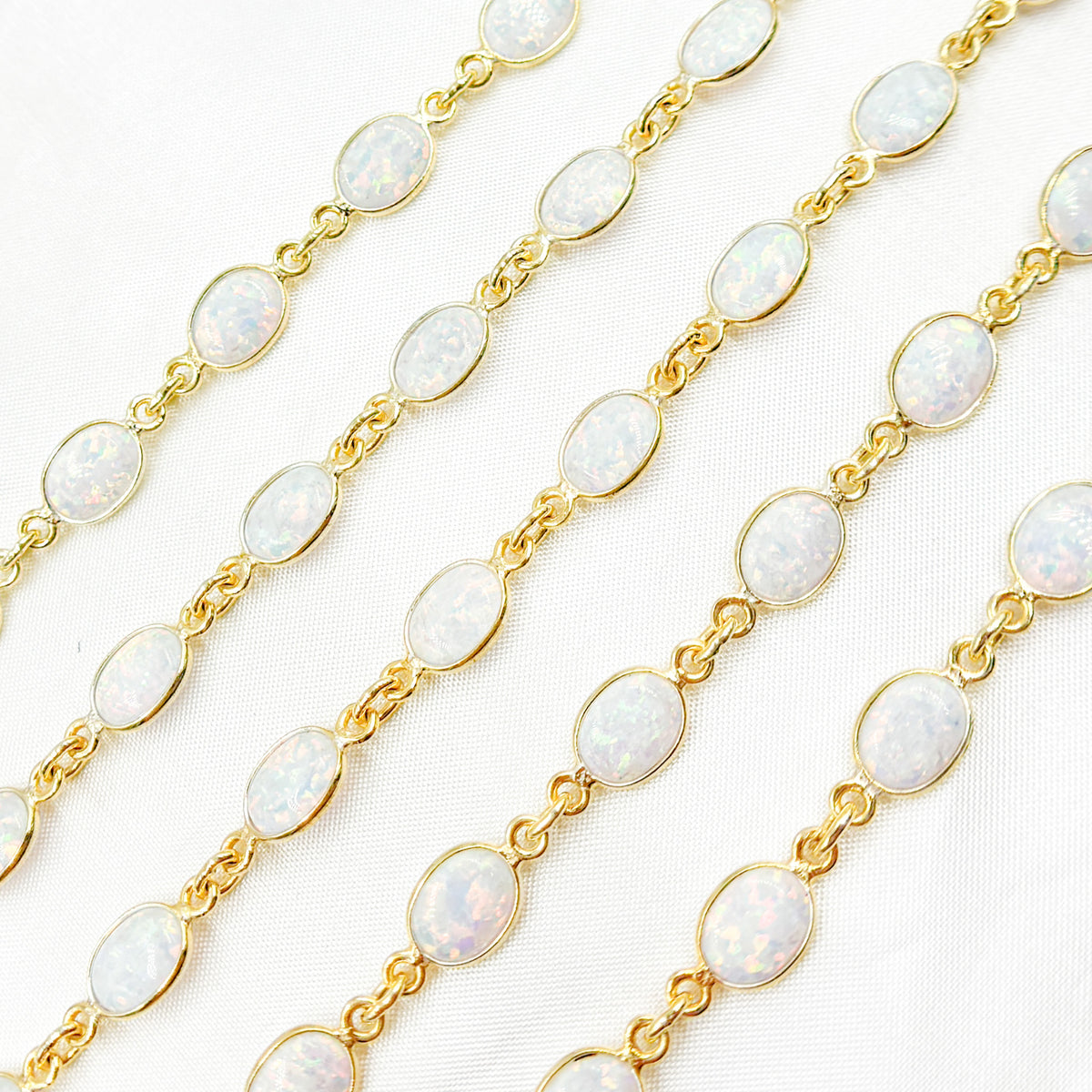 White Opal Oval Shape Bezel Gold Plated Wire Chain
