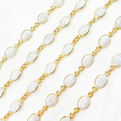White Opal Oval Shape Bezel Gold Plated Wire Chain