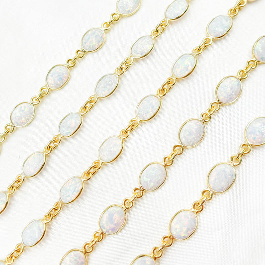 White Opal Oval Shape Bezel Gold Plated Wire Chain