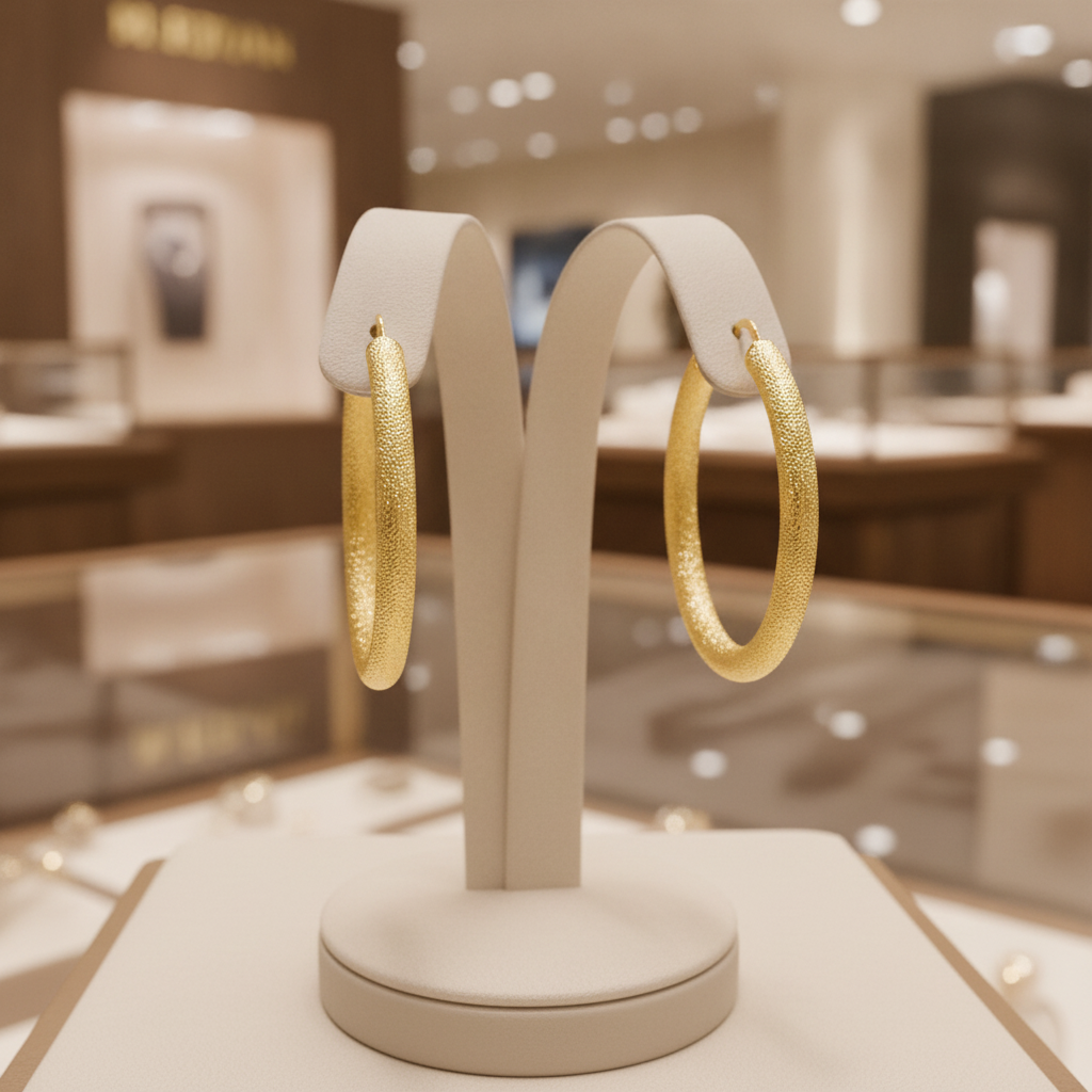 GER52. 14K Solid Gold Textured Hollow Hoop Earrings – Classic Round Hoops