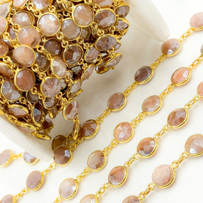 Coated Peach Moonstone Round Shape Bezel Gold Plated Wire Chain.