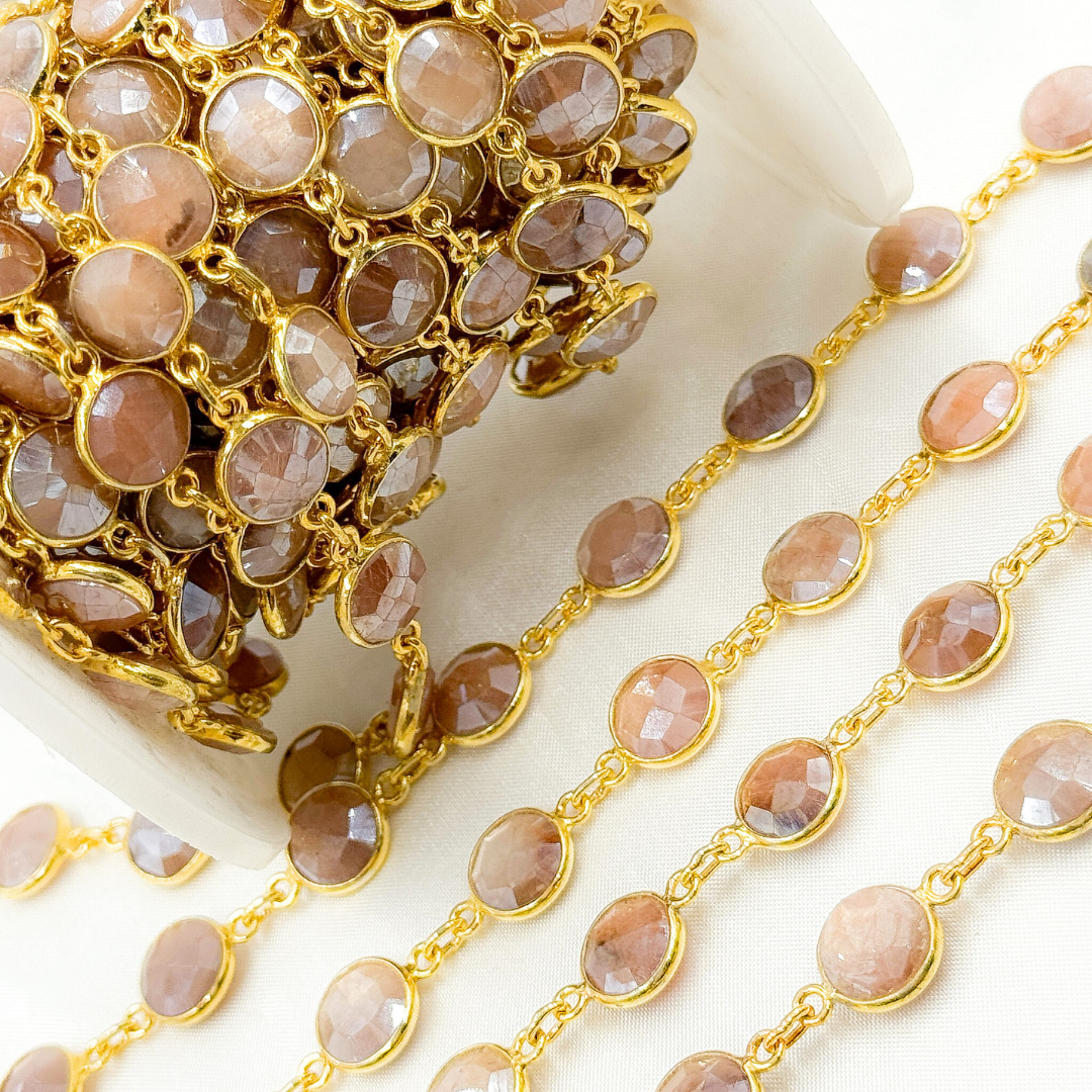 Coated Peach Moonstone Round Shape Bezel Gold Plated Wire Chain. CMS4