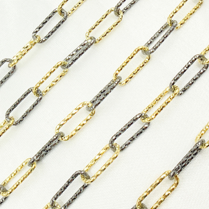 925 Sterling Silver Gold Plated & Black Rhodium Diamond Cut Paperclip Chain