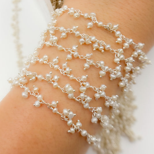 Pearl Cluster Dangle Sterling Silver Wire Chain