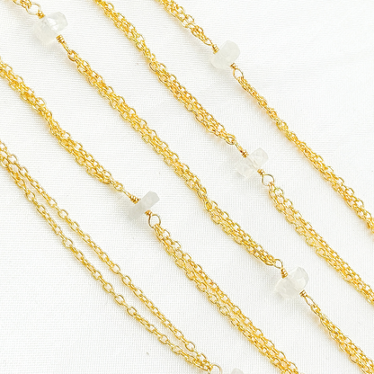 White Moonstone Rondel Shape Gold Plated Wire Chain.