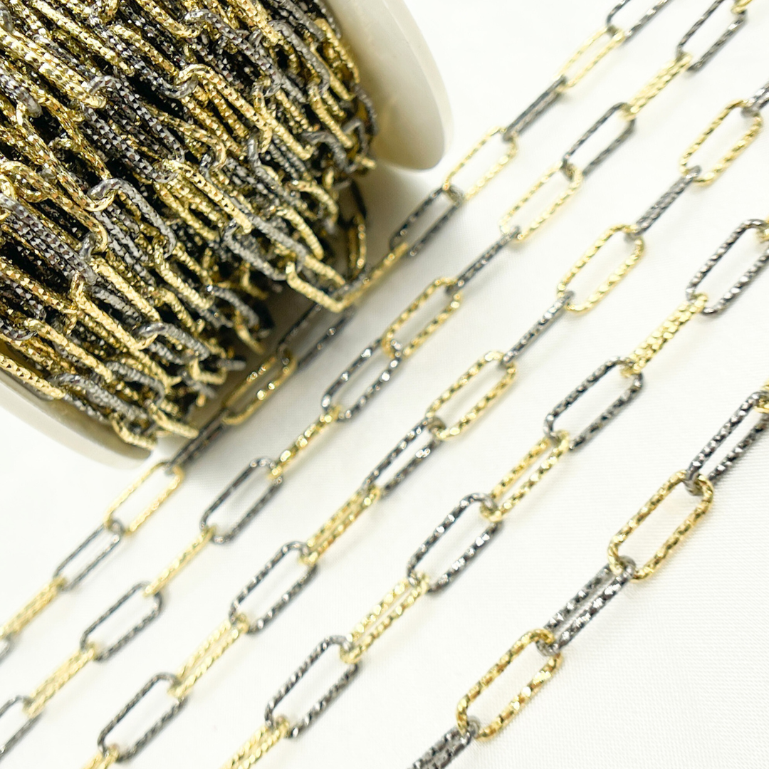 925 Sterling Silver Gold Plated & Black Rhodium Diamond Cut Paperclip Chain