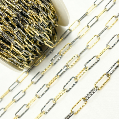 925 Sterling Silver Gold Plated & Black Rhodium Diamond Cut Paperclip Chain