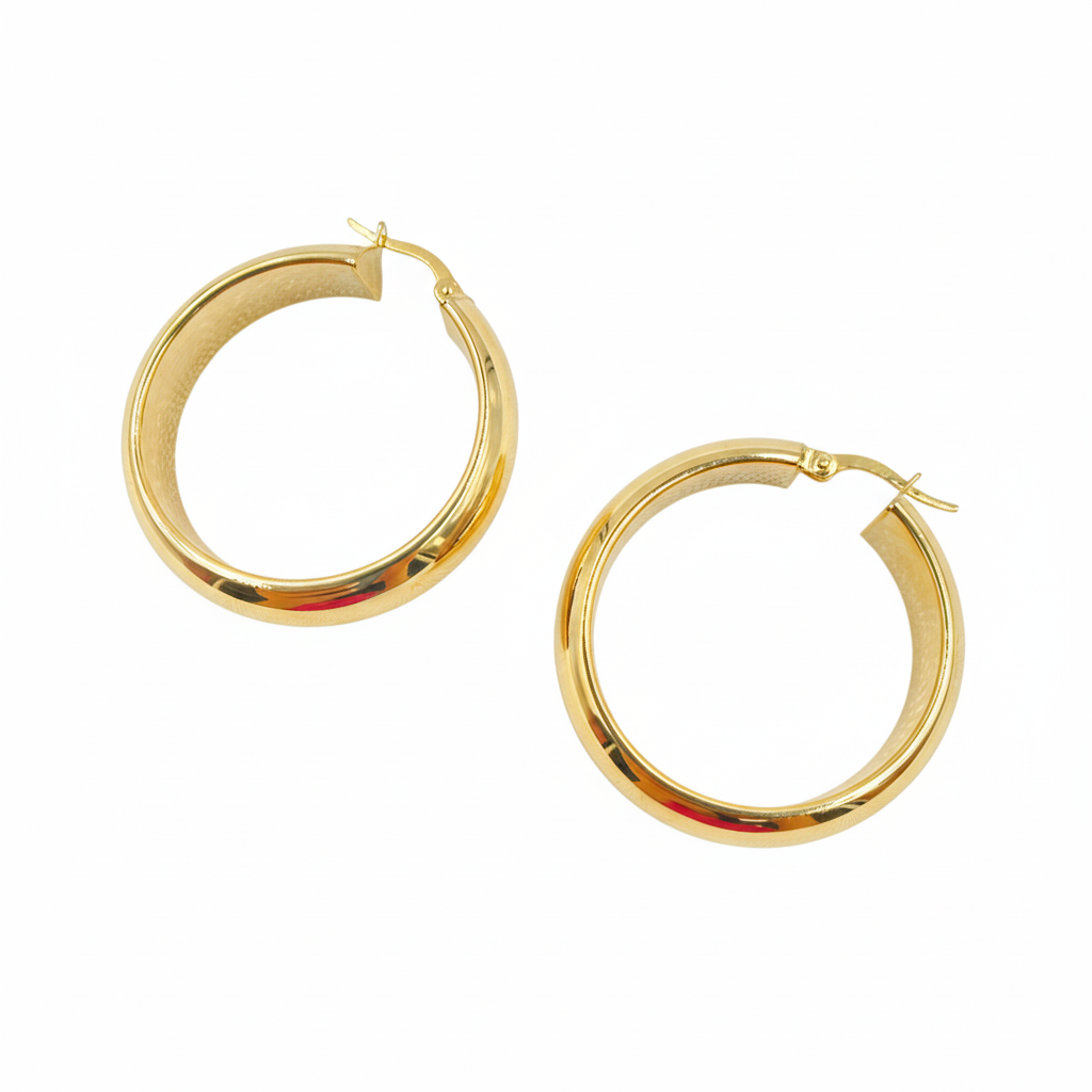 GER154. 14K Solid Gold Hollow Hoop Earrings