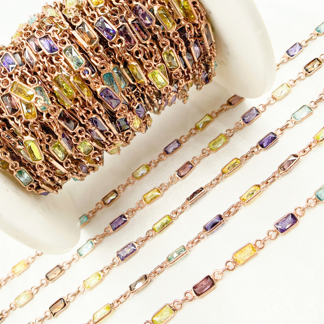 Multi Color Cubic Zirconia Rectangular Shape Connected Chain