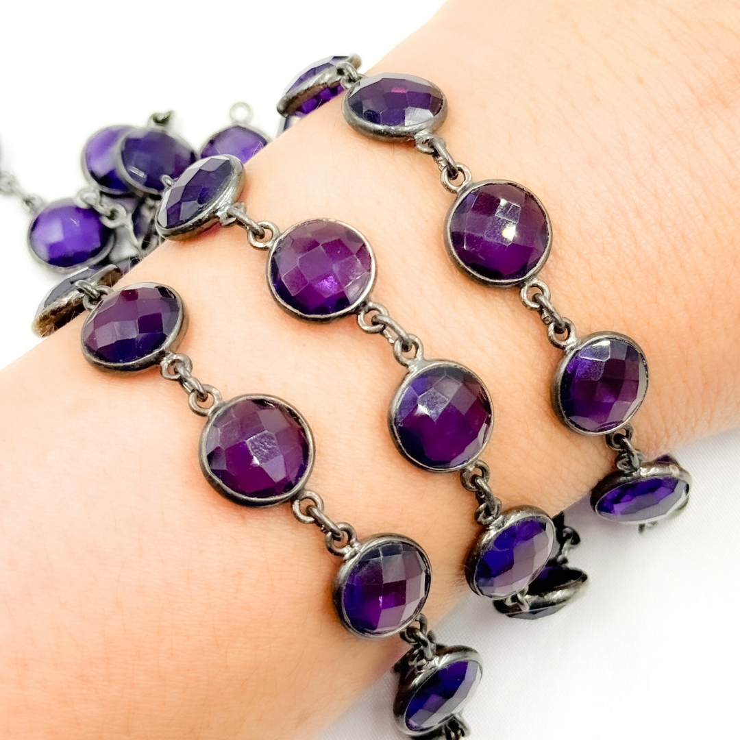 Amethyst Round Shape Bezel Oxidized Wire Chain