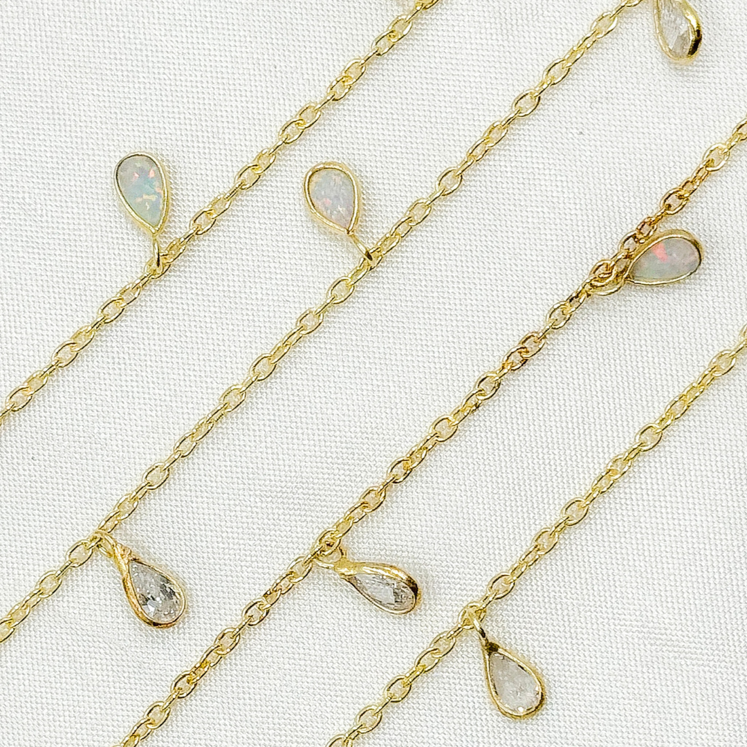 Created White Opal + CZ Pear Shape Dangle Chain