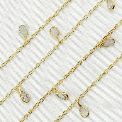 Created White Opal + CZ Pear Shape Dangle Chain