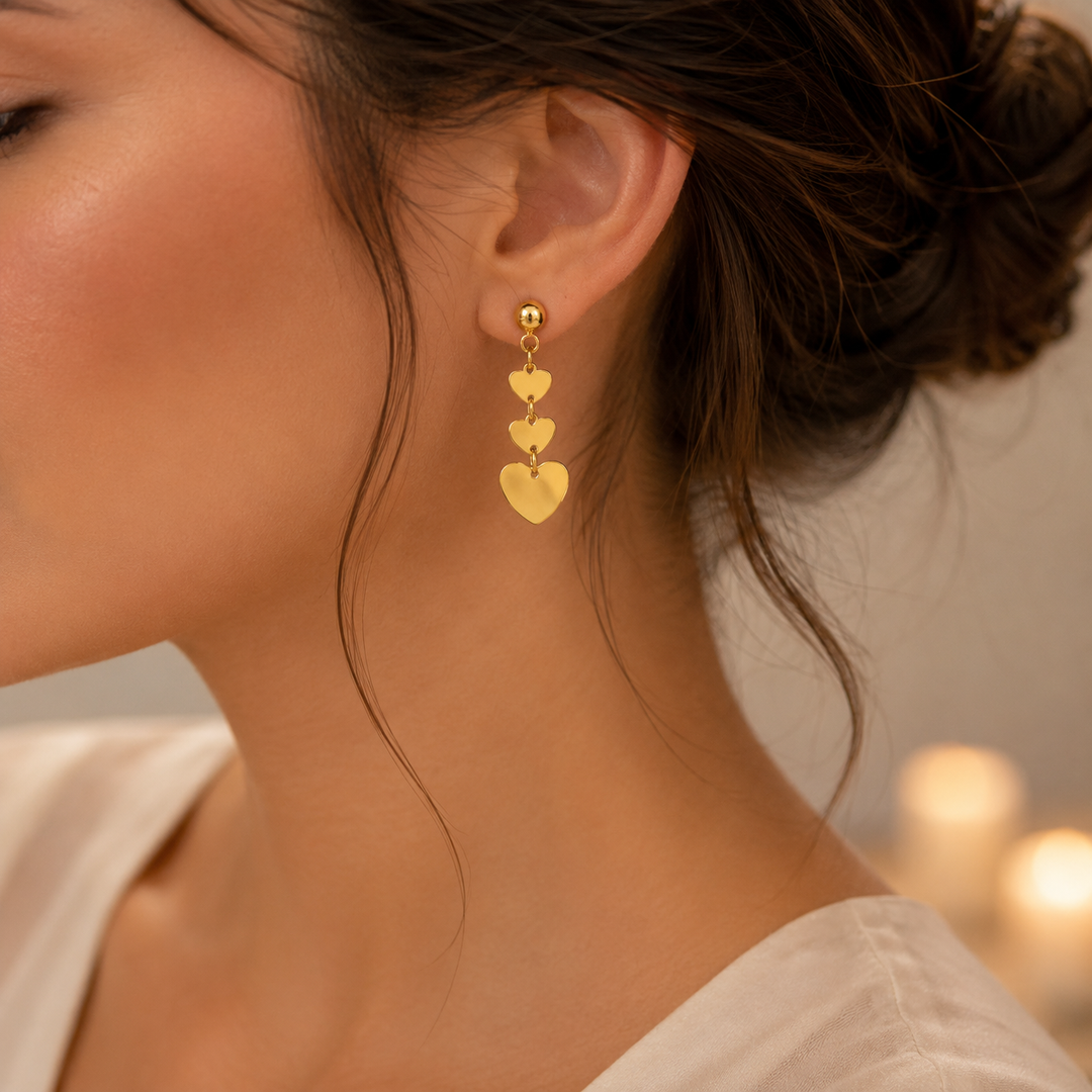 GER118. 14K Solid Gold Dangle Earring with Hearts