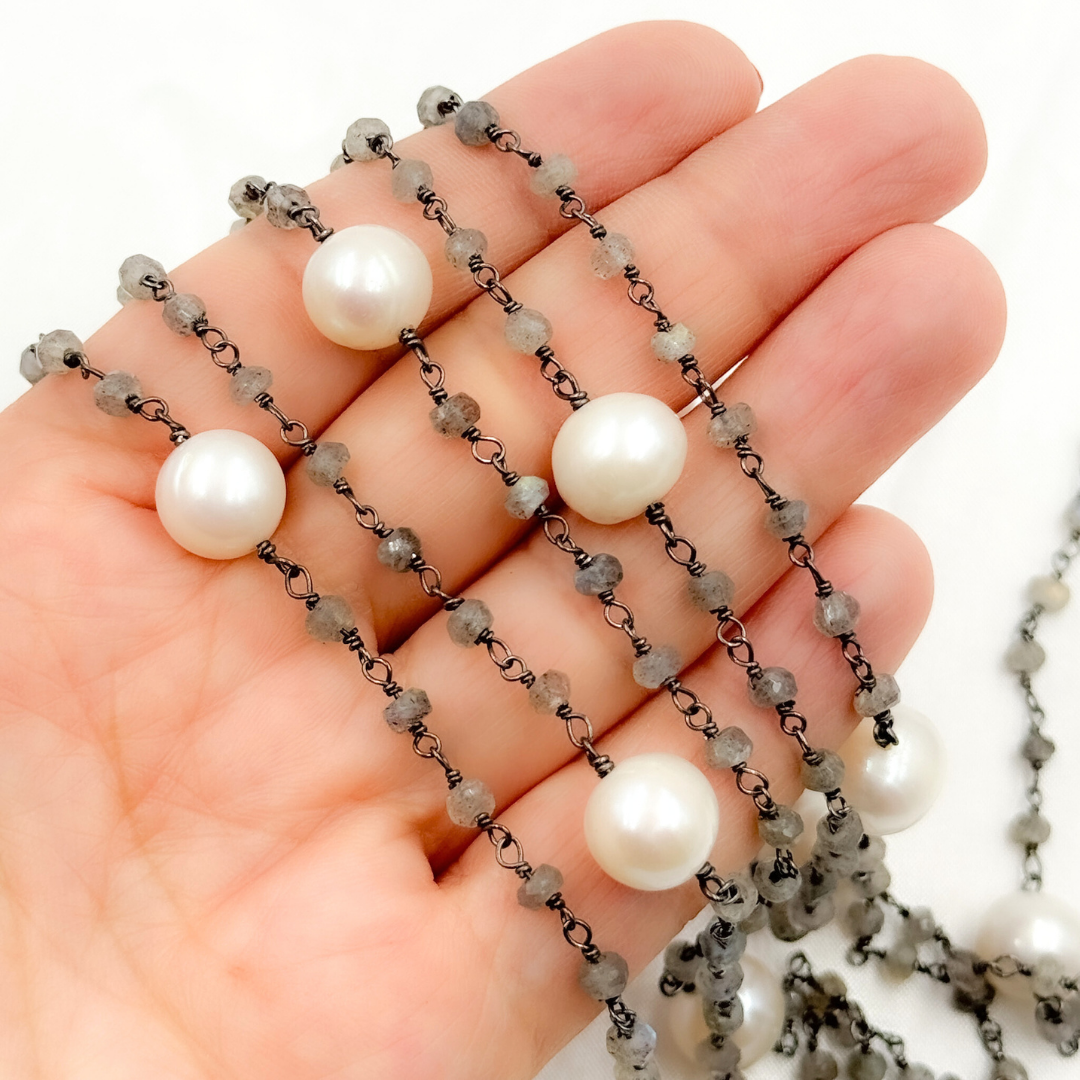 Labradorite & Pearl Oxidized 925 Sterling Silver Wire Chain
