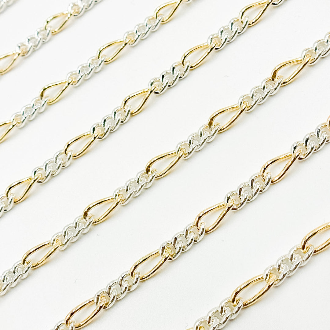 XM/3831C. 14K Gold Filled & Sterling Silver Figaro Link Chain – Long Gold, Short Silver Pattern