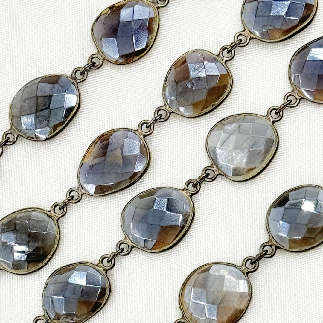Coated Grey Moonstone Organic Shape Bezel Oxidized Wire Chain.