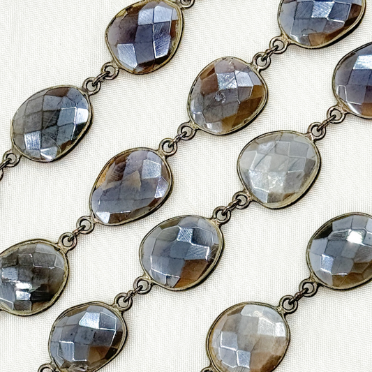 Coated Grey Moonstone Organic Shape Bezel Oxidized Wire Chain.