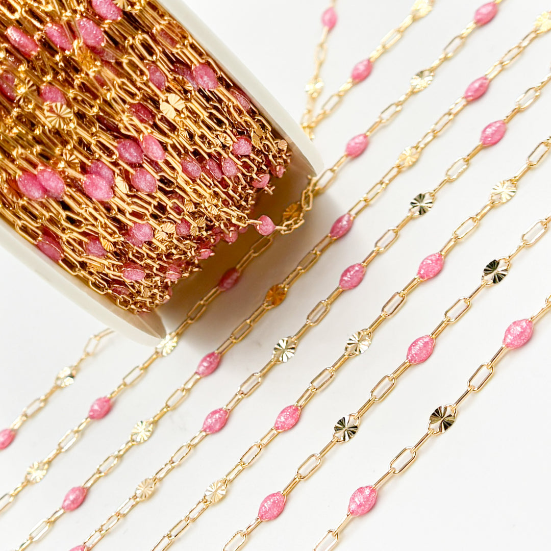 V295RSGF. 14K Gold Filled Rose Color Enamel with Paperclip and Diamond Cut Marina Links