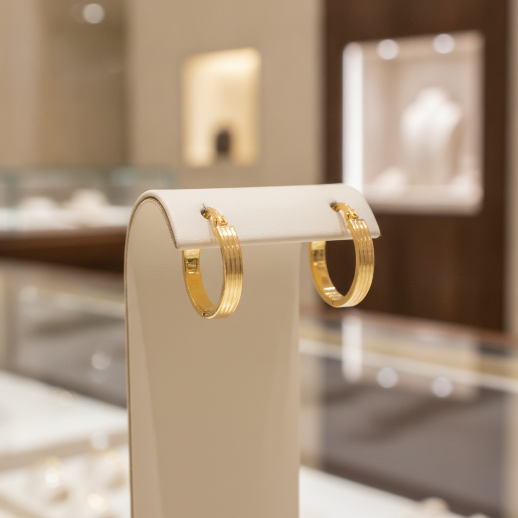 15850015641. 14K Solid Gold Ribbed Round Hollow Hoop Earrings