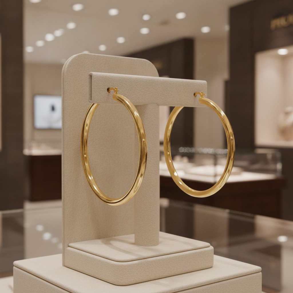 GER82. 14K Solid Gold Hollow Hoop Earrings