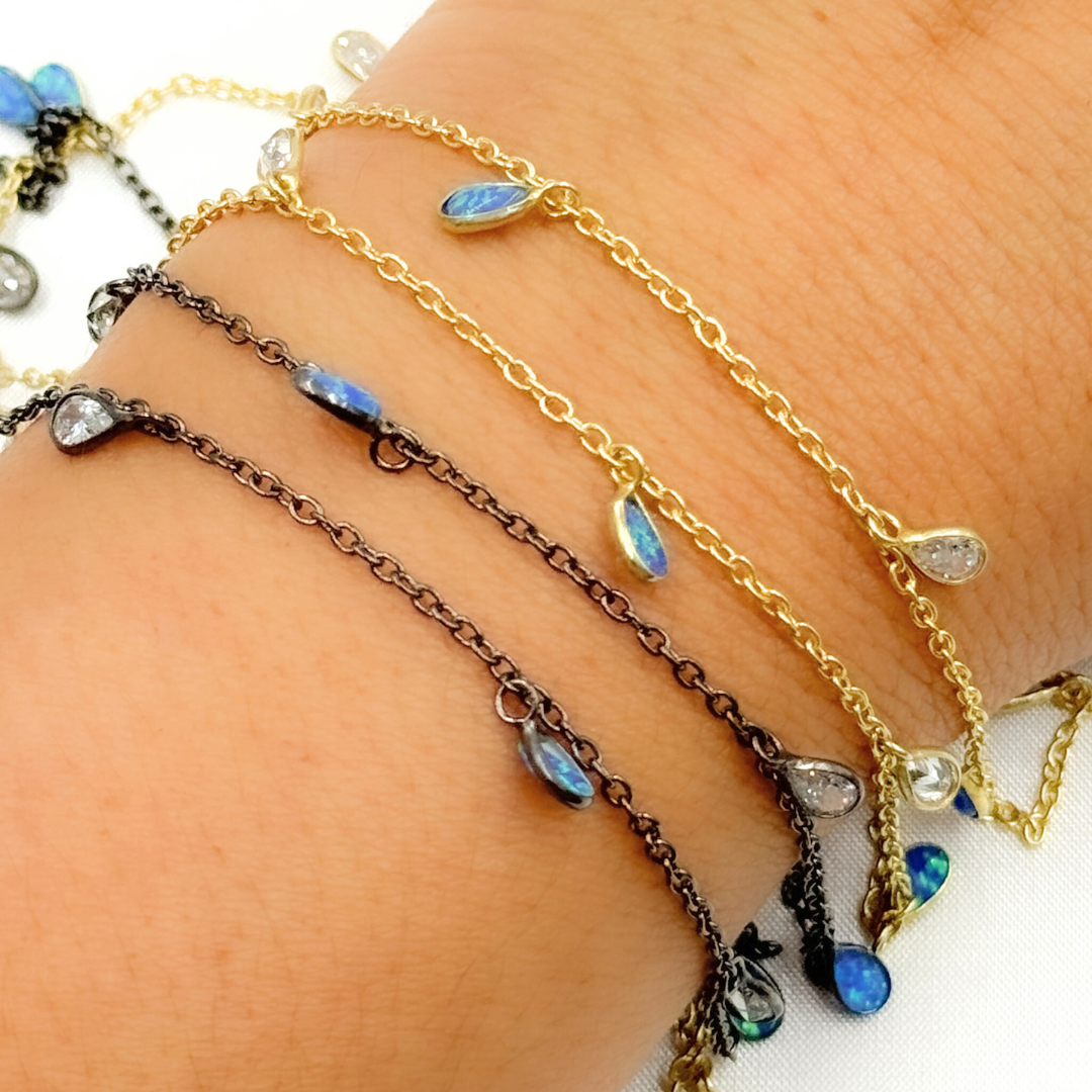 Created Blue Opal & CZ Tear Drop Shape Dangle Chain.