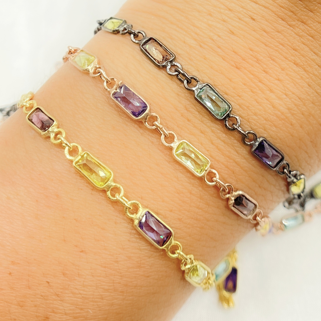 Multi Color Cubic Zirconia Rectangular Shape Connected Chain