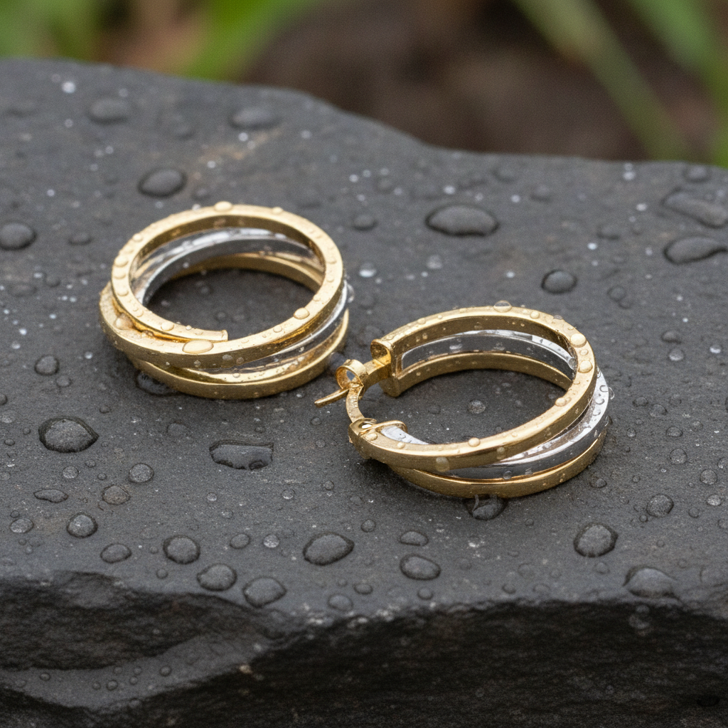 GER19. 14K Two-Tone Gold Hollow Hoop Earrings