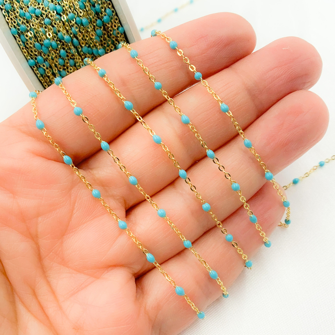 14K Solid Yellow Gold Enamel Turquoise Color Cable Chain