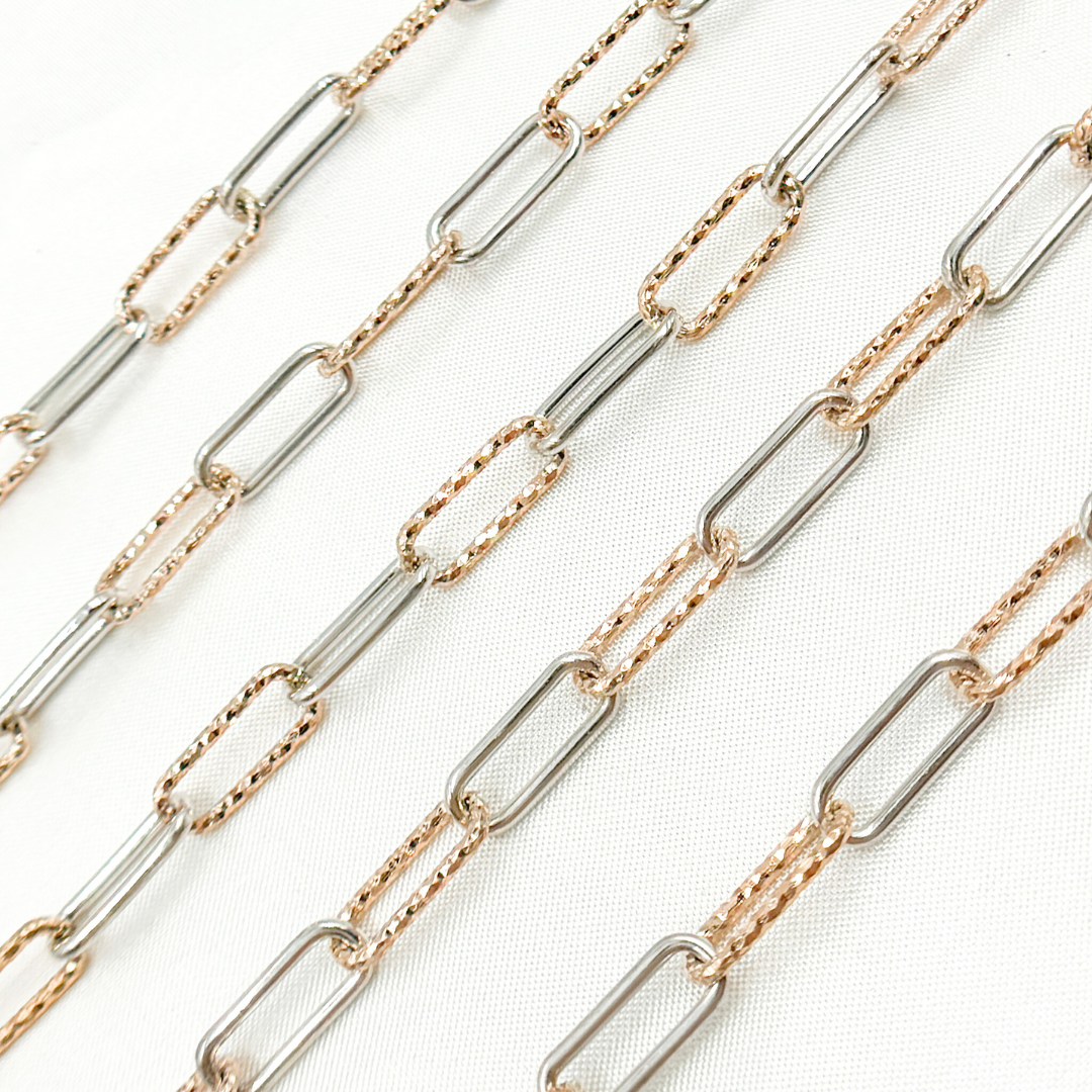 V31RGS. Rose Gold Plated & Sterling Silver Smooth & Diamond Cut Paperclip Chain