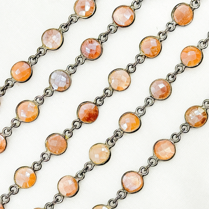 Coated Peach Moonstone Round Shape Bezel Oxidized Wire Chain.