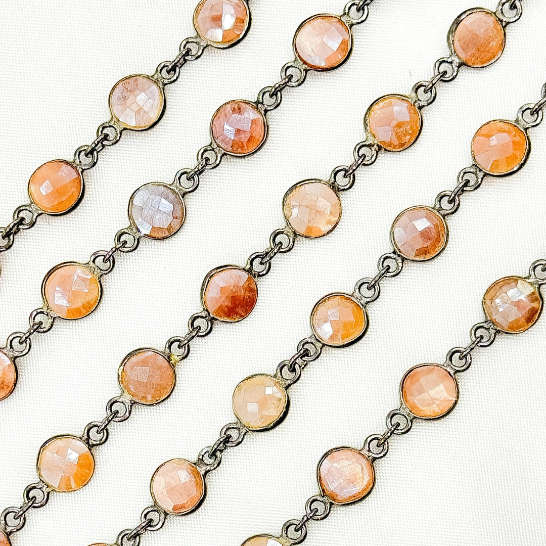 Coated Peach Moonstone Round Shape Bezel Oxidized Wire Chain. CMS17