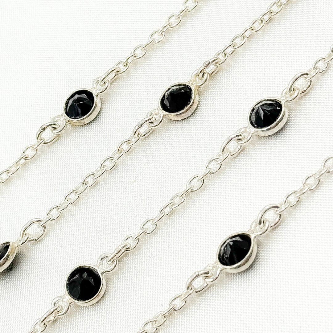 Black Spinel Round Shape Bezel 925 Sterling Silver Connected Wire Chain