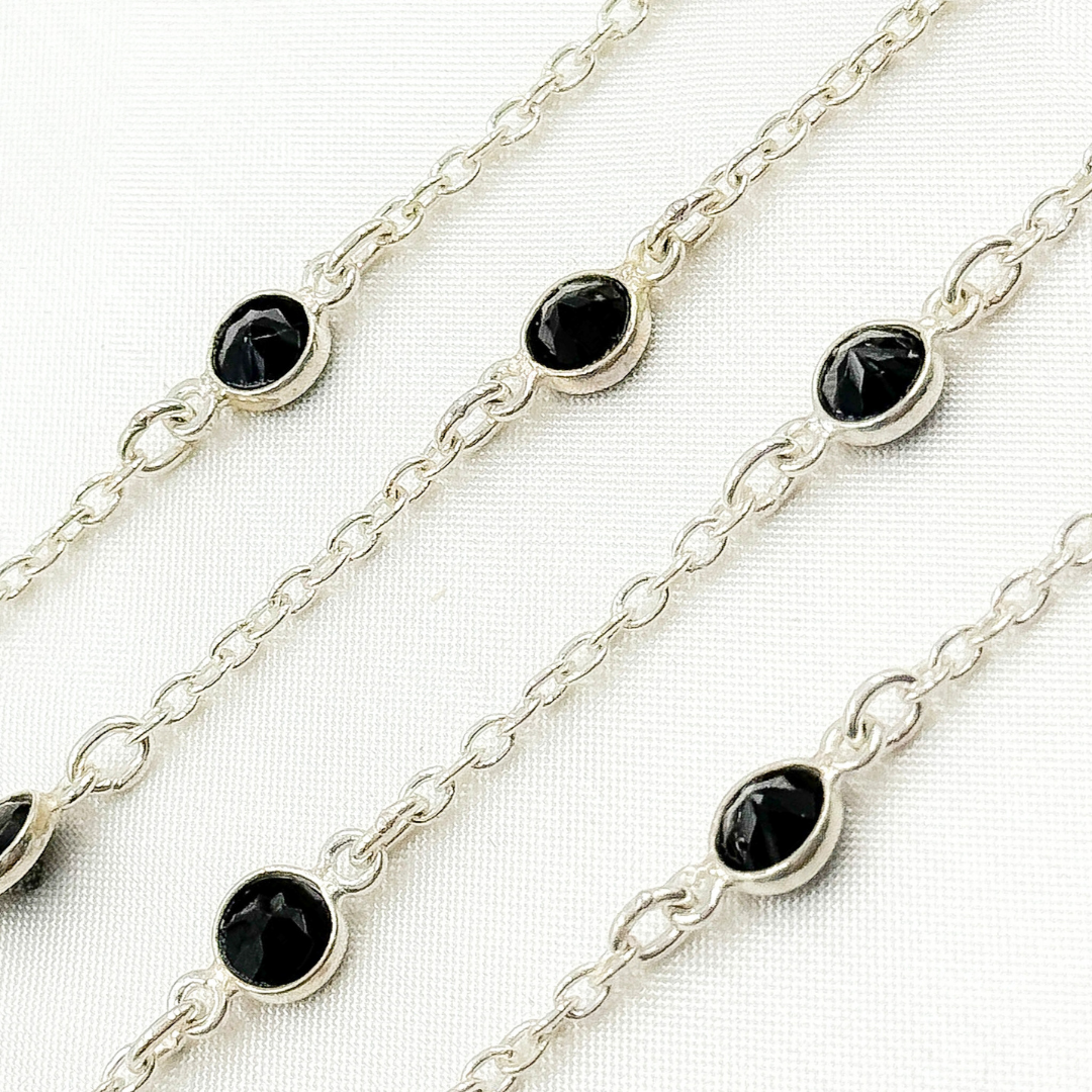 Black Spinel Round Shape Bezel 925 Sterling Silver Connected Wire Chain. BSP13