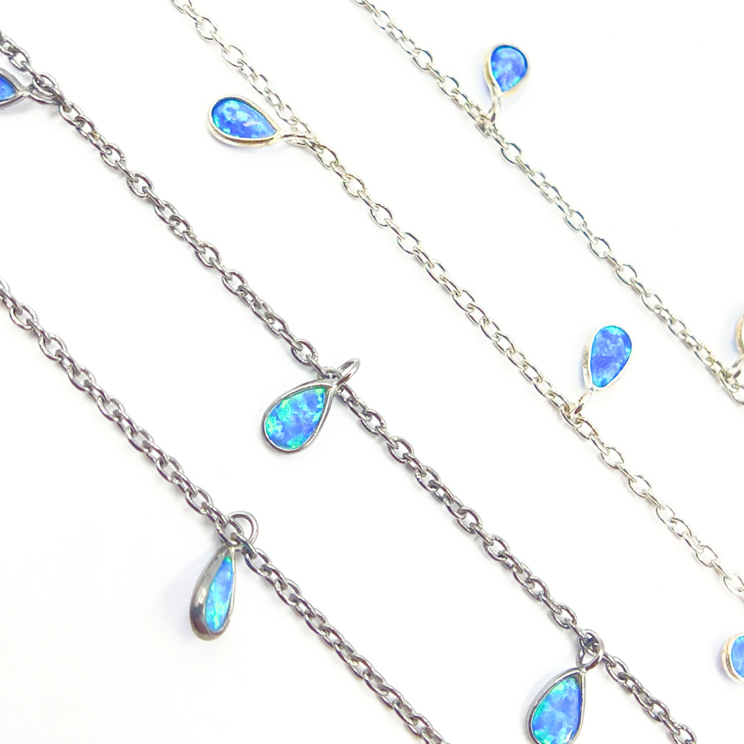 Created Blue Opal Tear Drop Shape Dangle Chain. CBO5