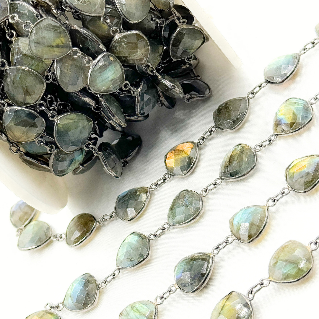 Labradorite Triangle Shape Bezel Oxidized Wire Chain. LAB23