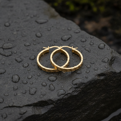 GER63. 14K Solid Gold Textured Flat Hollow Round Hoop Earrings