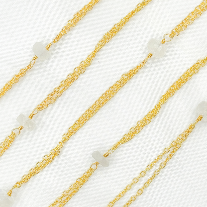 White Moonstone Rondel Shape Gold Plated Wire Chain.