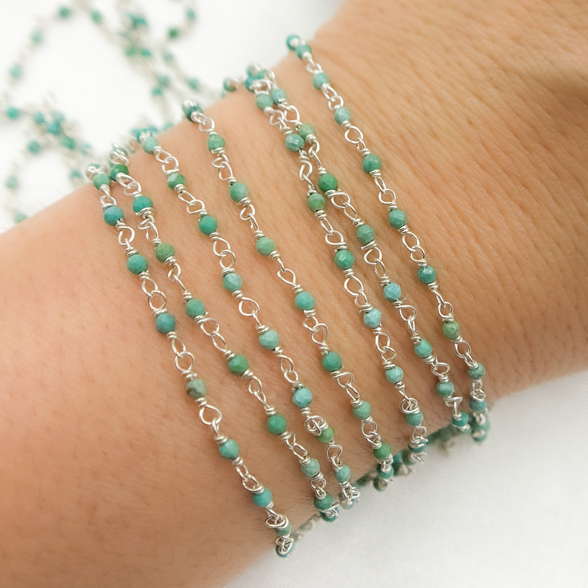 Green Turquoise Rondel Shape Sterling Silver Wire Chain