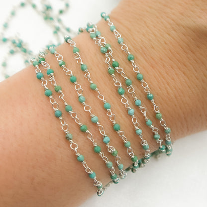 Green Turquoise Rondel Shape Sterling Silver Wire Chain