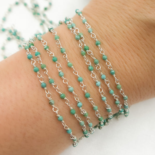 Green Turquoise Rondel Shape Sterling Silver Wire Chain