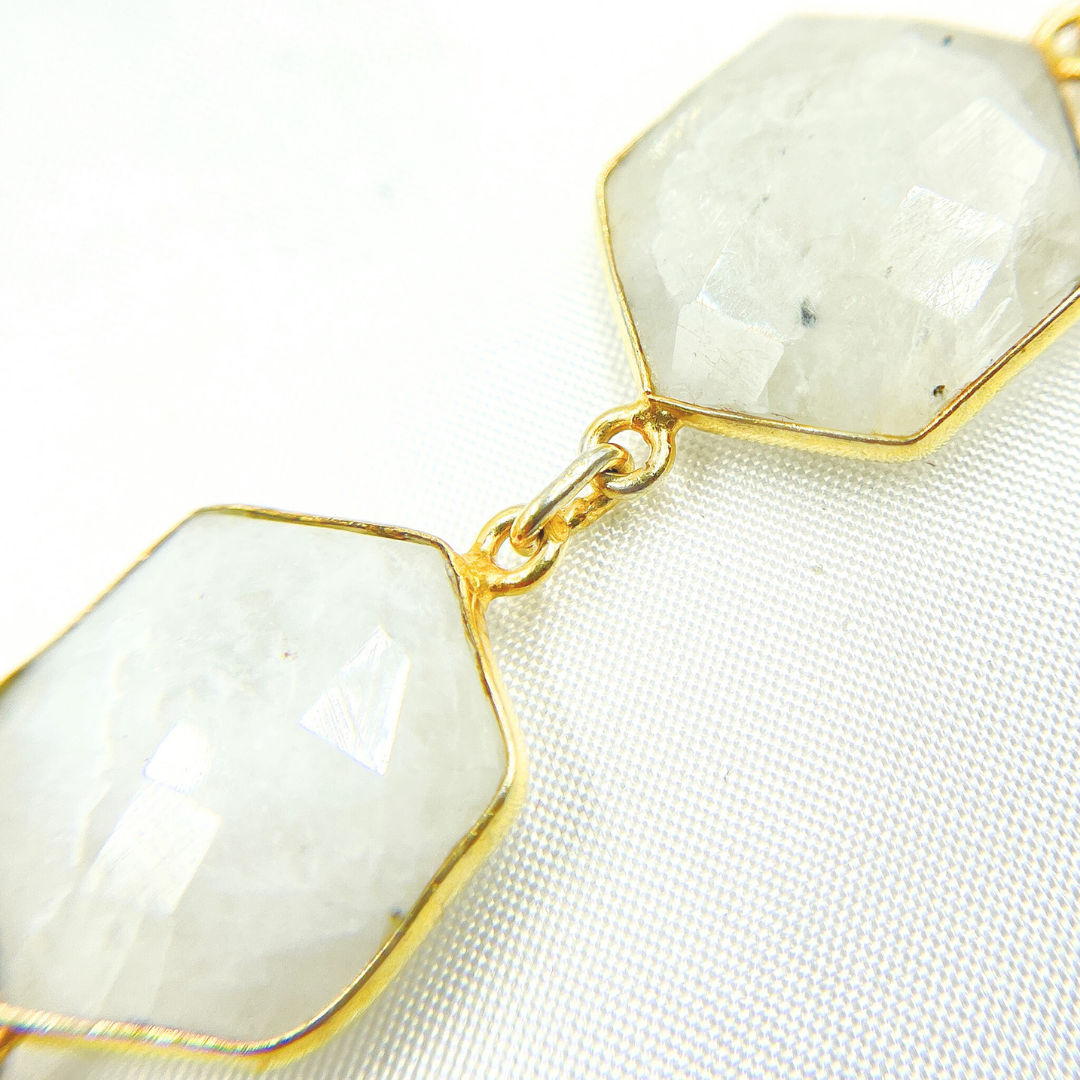 White Moonstone Hexagon Shape Bezel Gold Plated Wire Chain.