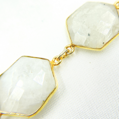 White Moonstone Hexagon Shape Bezel Gold Plated Wire Chain.